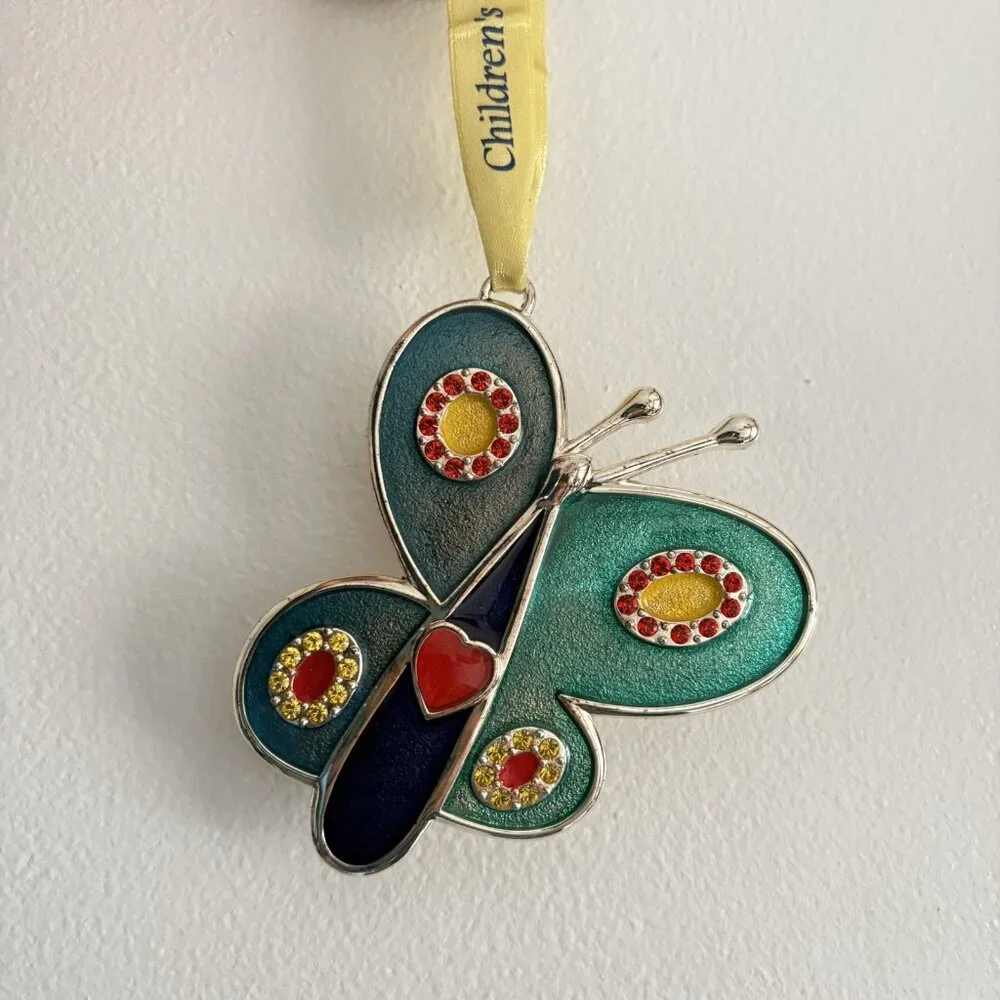 Vintage Butterfly Ornament Childrens Cancer‎ Research Rhinestone Blue Green Y2K